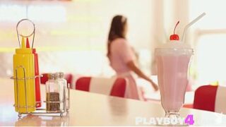 Stunning big tits brunette MILF Abigail Mac passion posing session in the restaurant